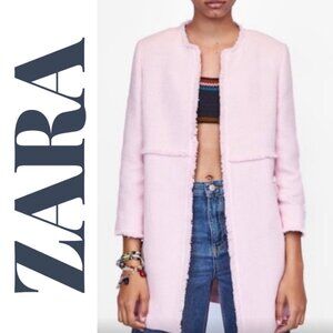 ZARA  Blush Pink Tweed Frayed Edge Longline Open Front Jacket Coat, Size Small